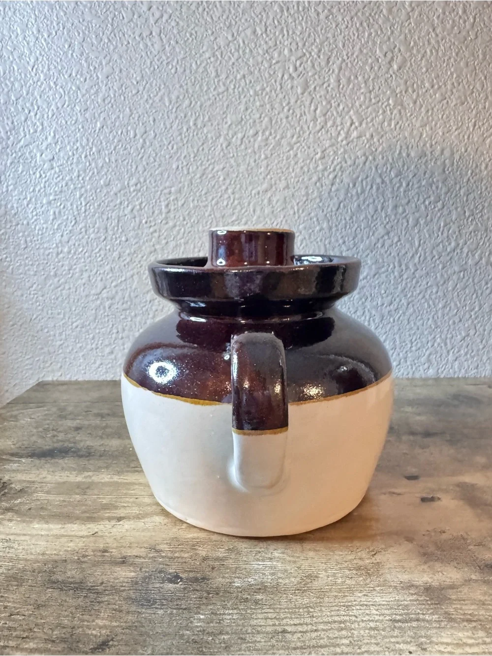 Brown & Cream Stoneware Crock Jar with Lid